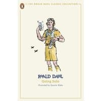 "Going Solo book by Roald Dahl, cover illustration of a man in yellow shorts holding papers, two birds flying nearby"