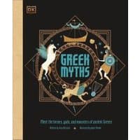 "Greek Myths hardcover book with black cover, gold and teal illustrations of mythical creatures and ancient symbols"