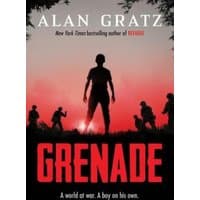"Book cover for 'Grenade' by Alan Gratz, featuring silhouetted soldiers against a red sky with black foliage."