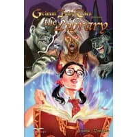 Comic book "Grimm Fairy Tales: The Library" with illustrated characters emerging from an open book.