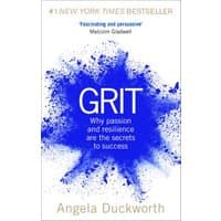 Book "Grit" by Angela Duckworth, white cover with blue paint splash and subtitle about passion and resilience.