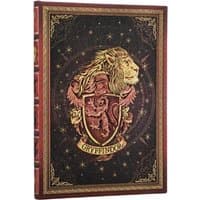 Gryffindor journal with lion crest, ornate gold detailing, red and black cover, elastic band closure.