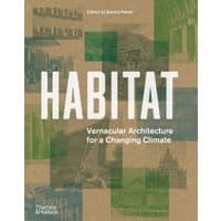 "Habitat book cover with green and brown collage of architectural images, subtitle 'Vernacular Architecture for a Changing Climate'"