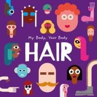 Purple book cover titled "Hair" with colorful cartoon faces and various hairstyles.