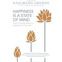 White book cover, "Happiness Is a State of Mind" by Hodder & Stoughton, features brown lotus illustrations.