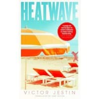 "Heatwave book cover with orange and white beach umbrellas, sun loungers, and a sandy beach background"