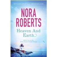 "Heaven and Earth" book by Nora Roberts, blue cover with lighthouse and ocean scene, part of Three Sisters Island Trilogy.