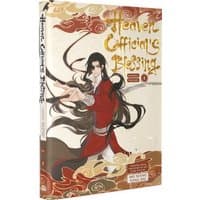 "Heaven Official's Blessing Vol 4 book, features a character in red robes with flowing black hair and ornate gold text."
