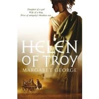 Book cover of "Helen of Troy" by Margaret George, featuring a woman in a green dress and a chariot scene below.