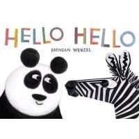 "Children's book 'Hello Hello' cover with panda and zebra illustrations, colorful title text above."
