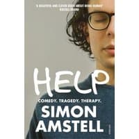 "Book titled 'Help' by Simon Amstell, featuring a close-up of a person with glasses and closed eyes on the cover."