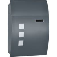 Anthracite grey wall-mounted mailbox with viewing windows, nameplate, and two keys.
