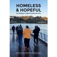 "Book 'Homeless & Hopeful' by i2i Publishing, cover with people walking on a wooden path near water."