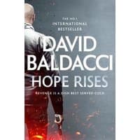 "Hope Rises" book by Pan Macmillan, features a man in a suit holding a gun, with red light effects at the bottom.