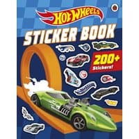 Hot Wheels Sticker Book with green race car, orange track, and 200+ stickers on blue checkered background.