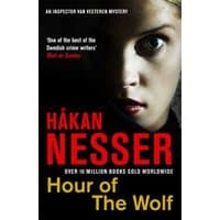"Book cover 'Hour of the Wolf' by Håkan Nesser, features a close-up of a woman's face with dark background."