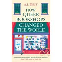 "How Queer Bookshops Changed the World" book with illustrated shopfront and bicycle on cream background.
