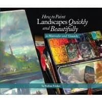 "Book 'How to Paint Landscapes Quickly and Beautifully' with watercolor palette, brushes, and scenic painting on cover"