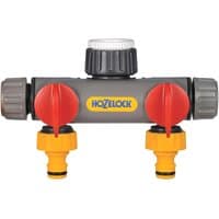 Gray Hozelock 2 Way Threaded Tap Hose Pipe Connector with red levers and yellow hose fittings.