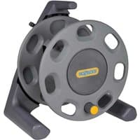 Gray Hozelock floor-standing hose reel with circular frame, side handle, and yellow center logo.