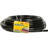 Black Hozelock MICRO Connecting Supply Hose Pipe coiled with yellow label and product details.