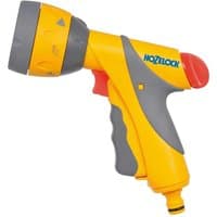 Yellow and gray Hozelock Multi Plus water spray gun with ergonomic grip and adjustable nozzle.