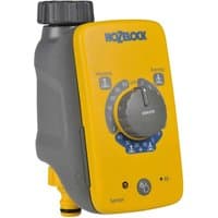 Yellow Hozelock water timer with grey dial, sunrise/sunset sensor, and hose connector.