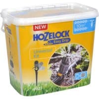 Hozelock Easy Drip irrigation system set in a yellow and clear plastic container with garden watering illustration.