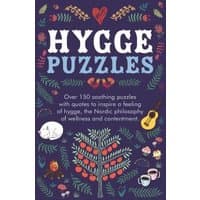 "Hygge Puzzles book by Arcturus, dark cover with colorful Nordic illustrations, plants, guitar, and cozy items."