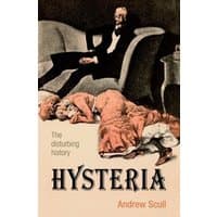 Book cover of "Hysteria" by Andrew Scull, featuring a man on a sofa and a woman in a red dress lying on the floor.