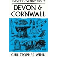 Book "I Never Knew That About Devon and Cornwall" with blue cover, black illustrations of landmarks and wildlife.