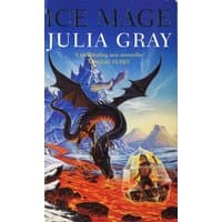 "Ice Mage" book cover featuring a dragon over icy mountains and a warrior encased in a glowing sphere.