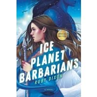 "Ice Planet Barbarians book with woman holding spear, blue alien figure in background, snowy landscape, special edition sticker"