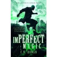 "ImPerfect Magic" book cover with silhouette of a leaping figure against a green cityscape background.