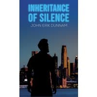 "Inheritance of Silence book with silhouette of a man against a city skyline at dusk, blue title text above."