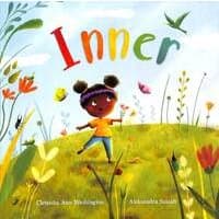 "Children's book 'Inner' with colorful illustration of a girl on a grassy hill surrounded by flowers and birds"