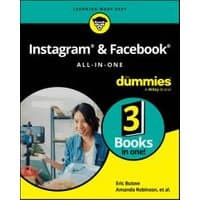 "Instagram & Facebook All-in-One For Dummies book, black cover with woman using camera, 3 Books in One badge"