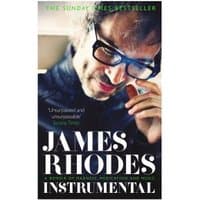"Book titled 'Instrumental' by James Rhodes, featuring a close-up of a man with glasses on the cover."