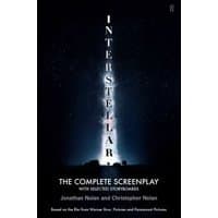 "Interstellar screenplay book, black cover with vertical white title and cosmic background"