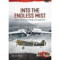 "Into the Endless Mist book cover featuring WWII aircraft and mountainous landscape, Aleutian Campaign theme."