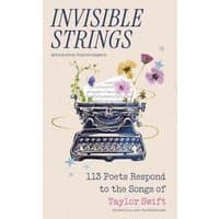 Book cover of "Invisible Strings" featuring a vintage typewriter with colorful flowers and text overlay.