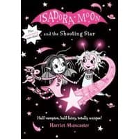 "Isadora Moon and the Shooting Star book with pink and black cover, featuring a fairy and vampire girl under stars"