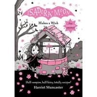 "Isadora Moon Makes a Wish book with pink and black cover, featuring a girl by a wishing well, stars, and a tree."