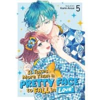 Manga book cover with a couple in patterned clothing, blue-haired boy and red-haired girl, title in colorful text.