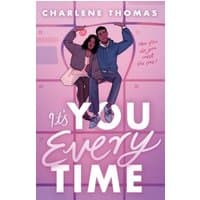 "Pink book cover 'It's You Every Time' with illustrated couple sitting on large text, by Charlene Thomas."