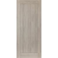 Grey laminate internal door with vertical panel design and smooth finish, dimensions 35 x 1981 x 610 mm.