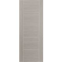 Light grey laminate internal door with vertical wood grain and horizontal panel design, size 35 X 1981 X 686.