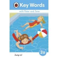 Children's book "Jump In!" featuring kids swimming with a beach ball, part of Key Words series 2a.