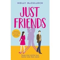 "Just Friends book by Holly McCulloch, blue cover, pink title, silhouettes of three people, orange lower section"
