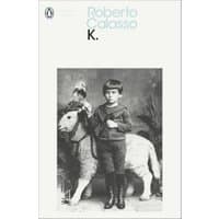 Book cover of "K." by Roberto Calasso featuring a vintage photo of a boy with a toy horse.
